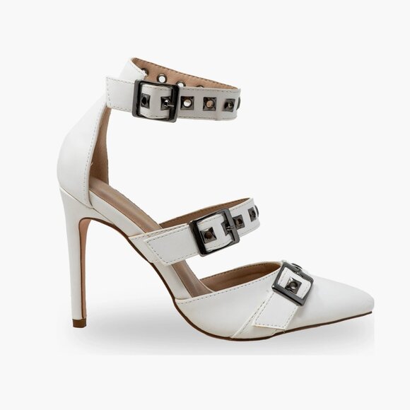 Chase and Chloe Women's Grommet Buckle Stiletto Pump White Size 8 - Picture 9 of 10